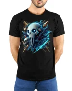 Cyber Reaper Skull T-shirt Gothic Tech Style Tee - model wearing black shirt, hands behind back