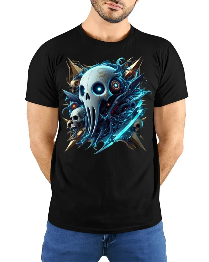 Cyber Reaper Skull T-shirt Gothic Tech Style Tee - model wearing black shirt, hands behind back