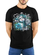 Snowman Christmas T-shirt with Blue Floral Design - model wearing black shirt, hands behind back