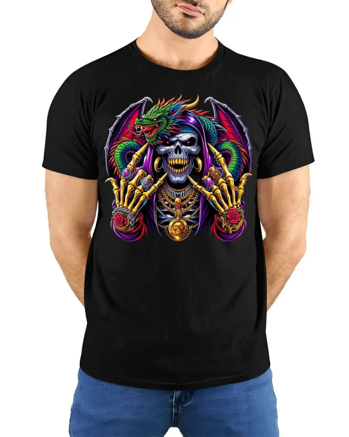 Grim Reaper Dragon T-shirt with Gothic Artwork - model wearing black shirt, hands behind back