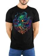Psychedelic Cthulhu Skull Monster T-shirt - model wearing black shirt, hands behind back