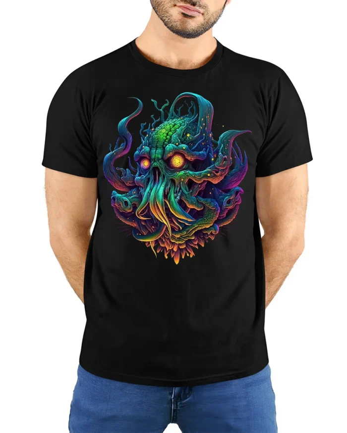 Psychedelic Cthulhu Skull Monster T-shirt - model wearing black shirt, hands behind back