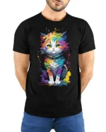 Colorful Paint Splash Cat Graphic T-shirt - model wearing black shirt, hands behind back