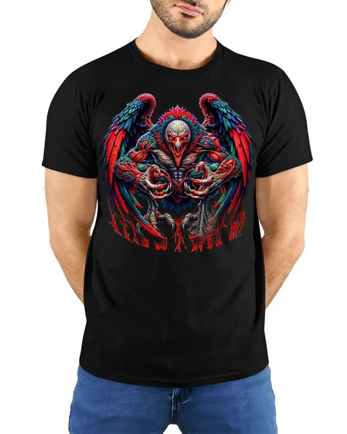 Savage Demon Rooster Graphic T-shirt for Men - model wearing black shirt, hands behind back