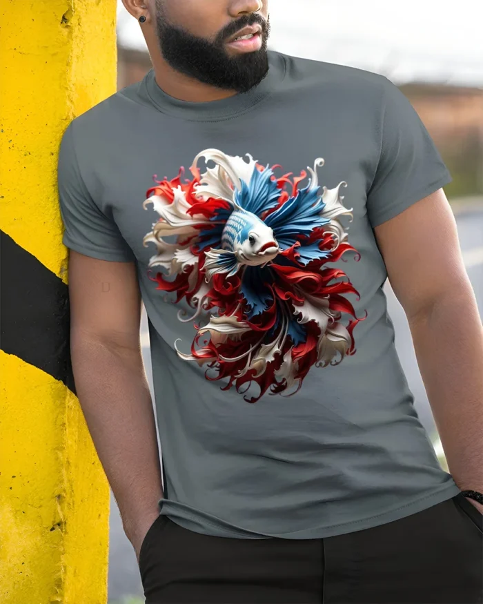 American Betta Fish Art T-shirt Patriotic Style - model in grey shirt leaning against column