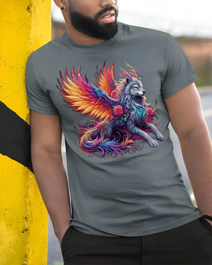 Mystic Winged Wolf Fantasy Art T-shirt for Men - model in grey shirt leaning against column
