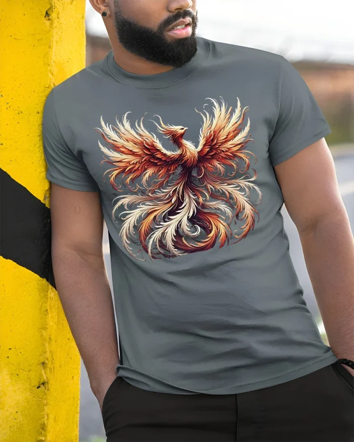 Fiery Phoenix Rise Graphic T-Shirt for Men - model in grey shirt leaning against column