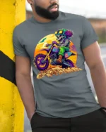 Psychedelic Skeleton Dirt Bike Rider T-Shirt - model in grey shirt leaning against column