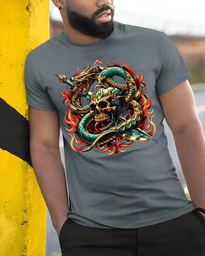 Flaming Skull Snake Sword Graphic T-Shirt - model in grey shirt leaning against column