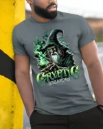 Cryptic Wizardry Magic Spellcaster T-Shirt - model in grey shirt leaning against column