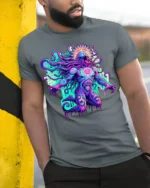 Psychedelic Cosmic Deity Graphic T-Shirt - model in grey shirt leaning against column