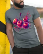 Neon Cherry Splash Fruit Art T-Shirt - model in grey shirt leaning against column