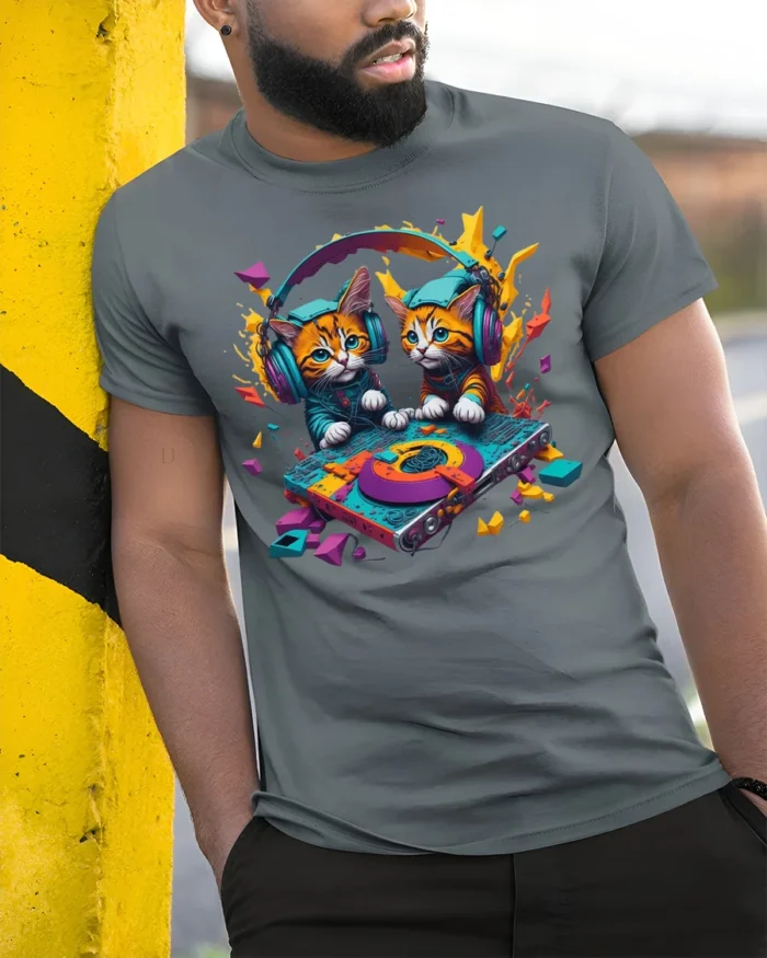 DJ Kittens Party Mix Graphic T-Shirt for Cat Fans - model in grey shirt leaning against column