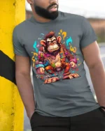 Colorful Crazy Monkey Street Art T-Shirt - model in grey shirt leaning against column