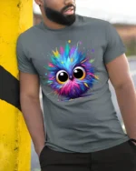 Colorful Big Eyes Owl T-shirt for Cute Animal Lovers - model in grey shirt leaning against column