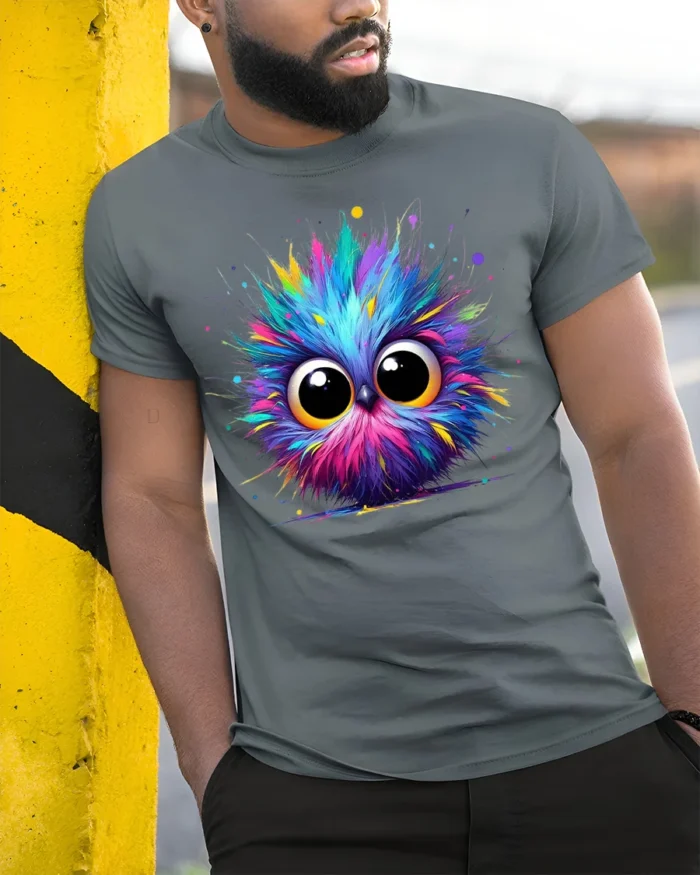 Colorful Big Eyes Owl T-shirt for Cute Animal Lovers - model in grey shirt leaning against column