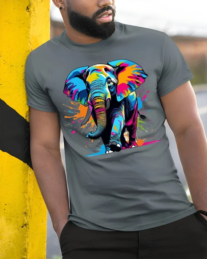 Color Splash Elephant Graphic Animal T-Shirt - model in grey shirt leaning against column