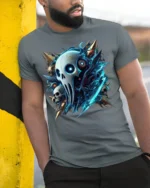 Cyber Reaper Skull T-shirt Gothic Tech Style Tee - model in grey shirt leaning against column