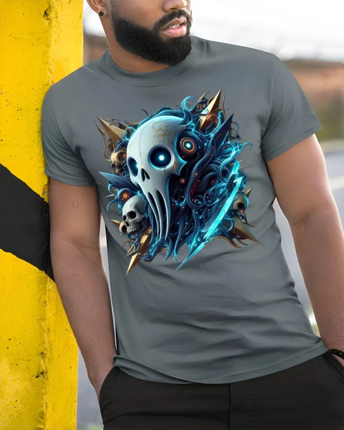 Cyber Reaper Skull T-shirt Gothic Tech Style Tee - model in grey shirt leaning against column