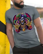 Grim Reaper Dragon T-shirt with Gothic Artwork - model in grey shirt leaning against column
