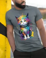 Colorful Paint Splash Cat Graphic T-shirt - model in grey shirt leaning against column