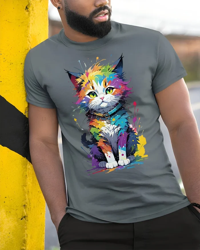 Colorful Paint Splash Cat Graphic T-shirt - model in grey shirt leaning against column
