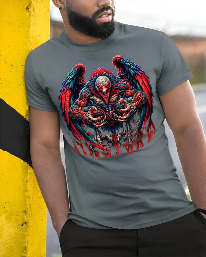 Savage Demon Rooster Graphic T-shirt for Men - model in grey shirt leaning against column