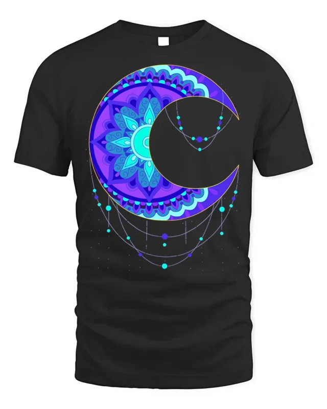 Mystic Mandala Crescent Moon T-Shirt for Men - black t-shirt on white background