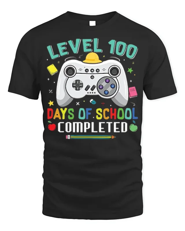 Level 100 Days of School Completed T-Shirt - black t-shirt on white background