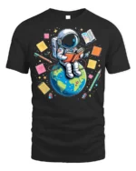 Astronaut Reading on Earth T-Shirt - black t-shirt on white background