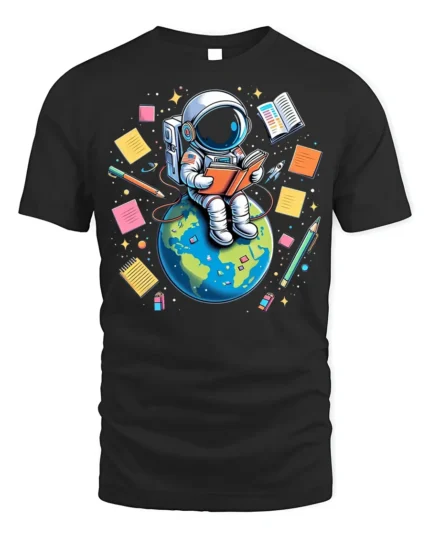 Astronaut Reading on Earth T-Shirt - black t-shirt on white background