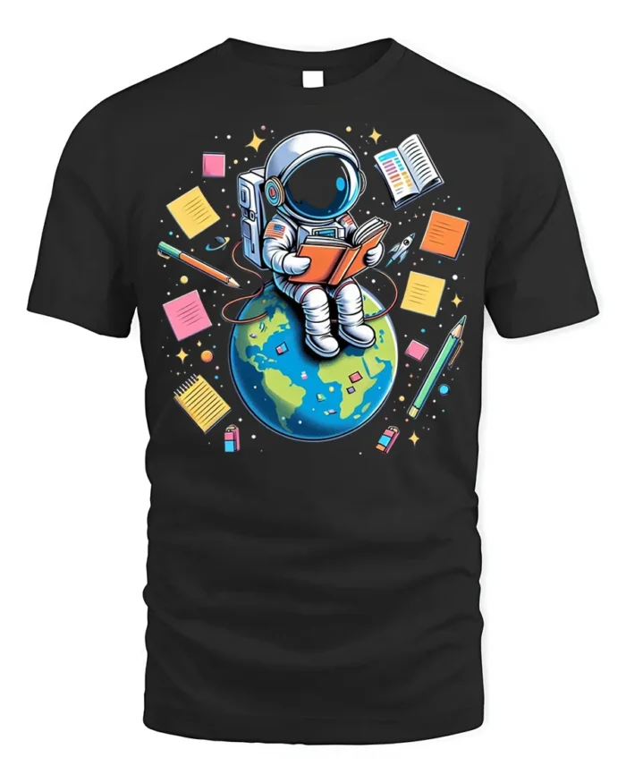 Astronaut Reading on Earth T-Shirt - black t-shirt on white background