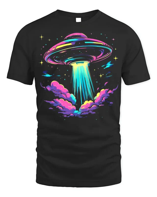 Neon UFO Alien Abduction T-Shirt - black t-shirt on white background