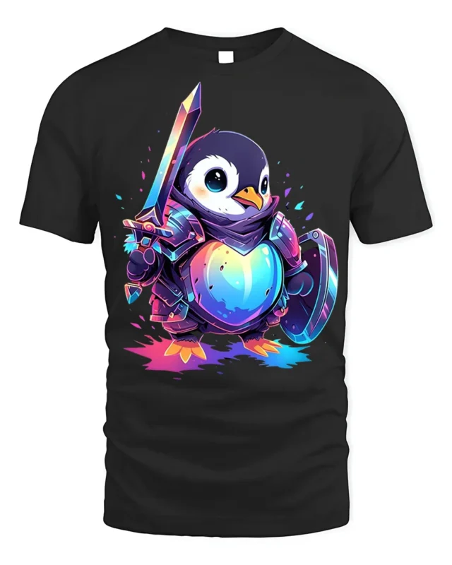 Penguin Knight Warrior T-Shirt - black t-shirt on white background