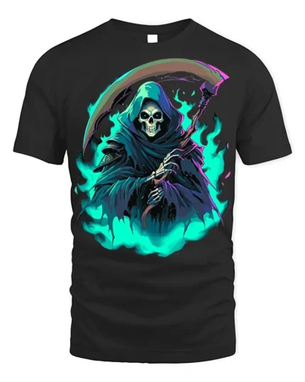 Neon Grim Reaper Flame T-Shirt - black t-shirt on white background