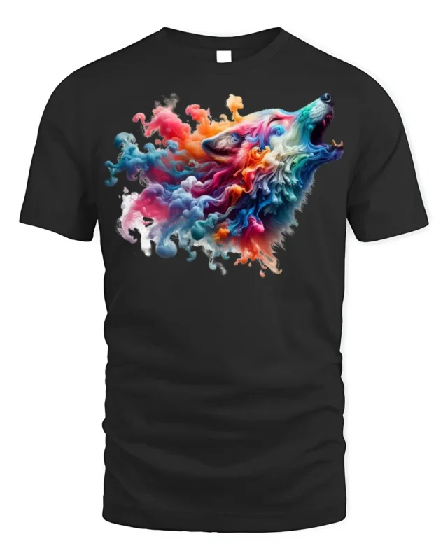 Colorful Smoke Wolf Howling T-Shirt - black t-shirt on white background