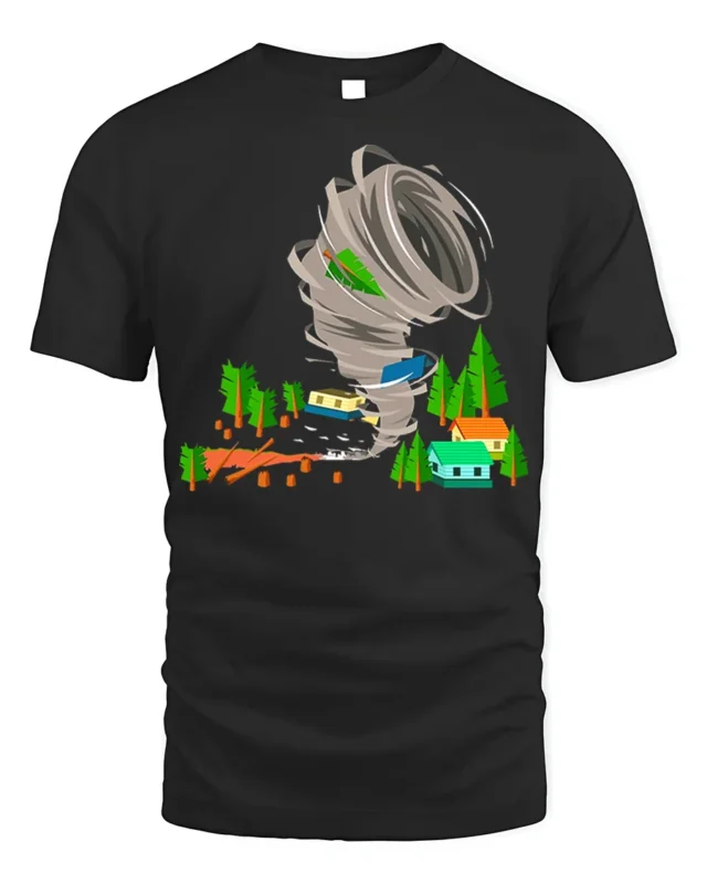 Funny Tornado Disaster Cartoon T-Shirt for Adults - black t-shirt on white background