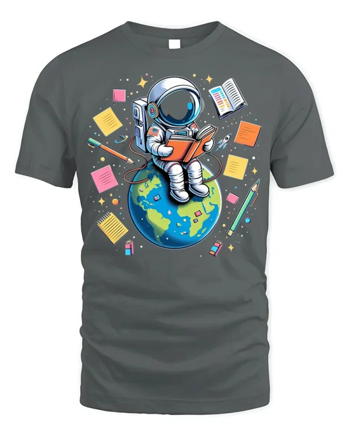 Astronaut Reading on Earth T-Shirt - gray t-shirt on white background