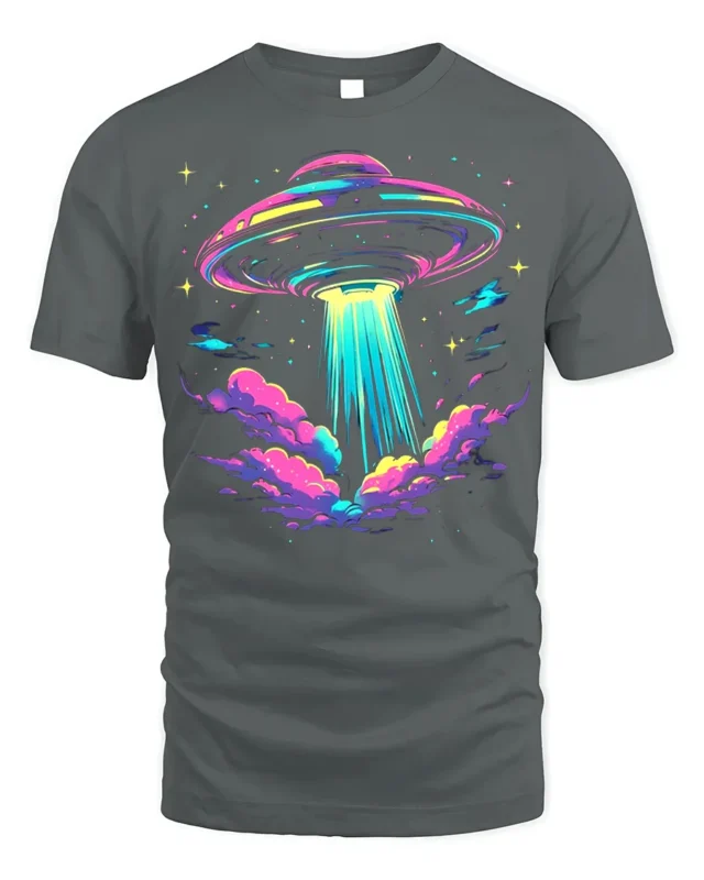 Neon UFO Alien Abduction T-Shirt - gray t-shirt on white background