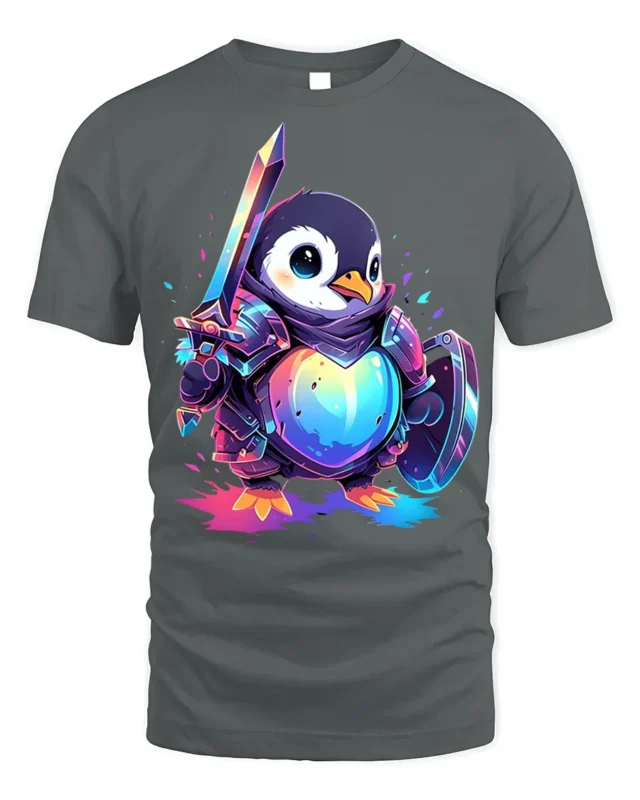 Penguin Knight Warrior T-Shirt - gray t-shirt on white background
