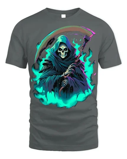 Neon Grim Reaper Flame T-Shirt - gray t-shirt on white background