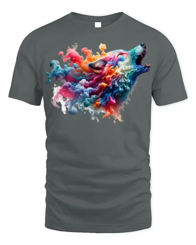 Colorful Smoke Wolf Howling T-Shirt - gray t-shirt on white background