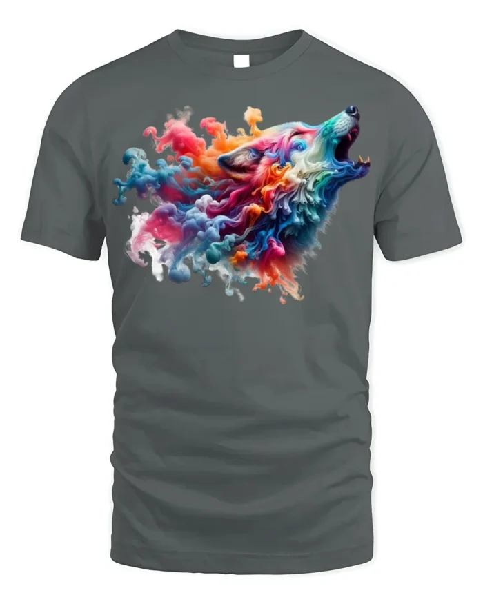 Colorful Smoke Wolf Howling T-Shirt - gray t-shirt on white background