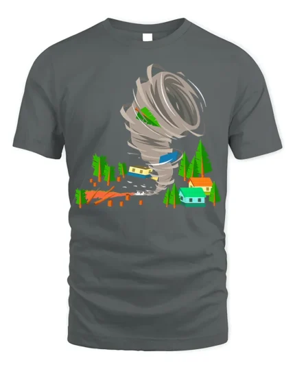 Funny Tornado Disaster Cartoon T-Shirt for Adults - gray t-shirt on white background
