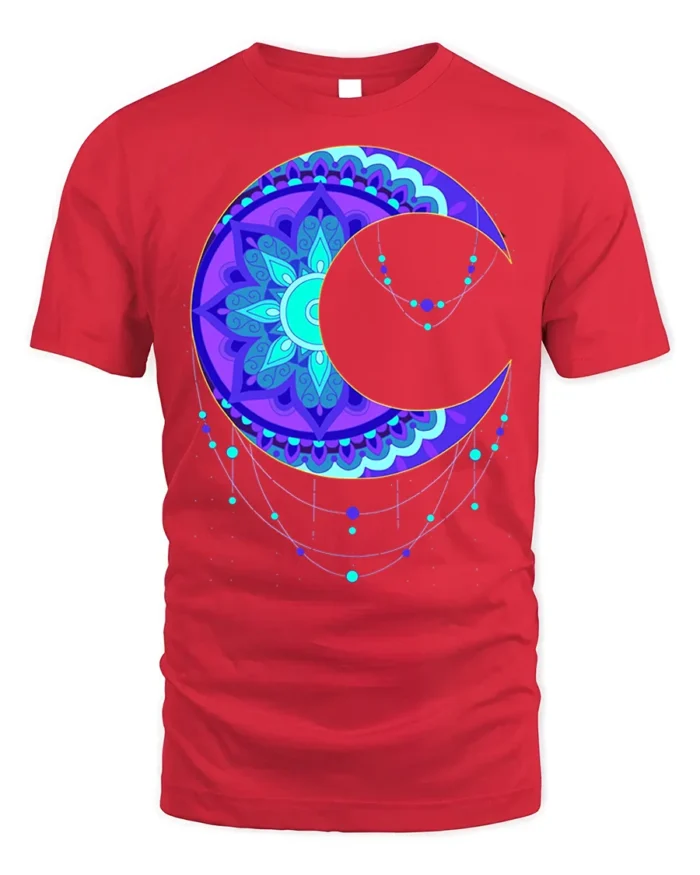 Mystic Mandala Crescent Moon T-Shirt for Men - red t-shirt on white background