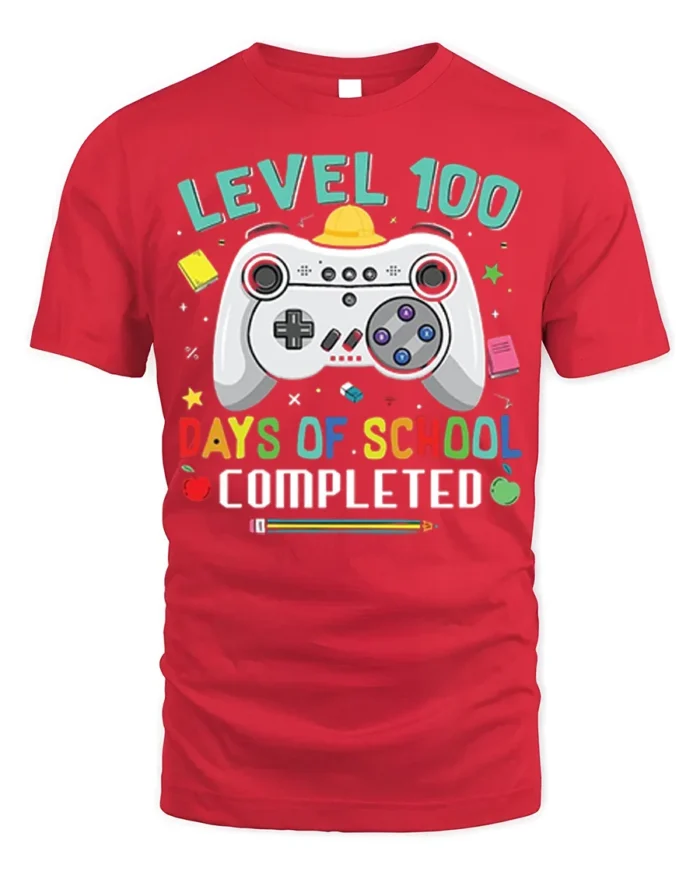 Level 100 Days of School Completed T-Shirt - red t-shirt on white background