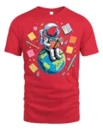 Astronaut Reading on Earth T-Shirt - red t-shirt on white background