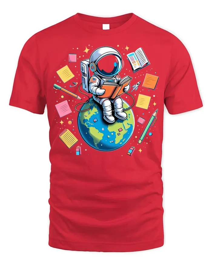 Astronaut Reading on Earth T-Shirt - red t-shirt on white background