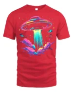 Neon UFO Alien Abduction T-Shirt - red t-shirt on white background