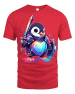 Penguin Knight Warrior T-Shirt - red t-shirt on white background